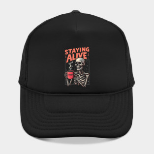 Funny Skull Staying Alive Skeleton Drinking Coffee Hat