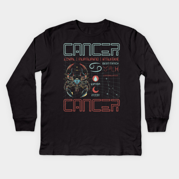 Cancer Zodiac Cyberpunk T-Shirt | Futuristic Astrology Horoscope Design Kids Long Sleeve T-Shirt by TuncGK