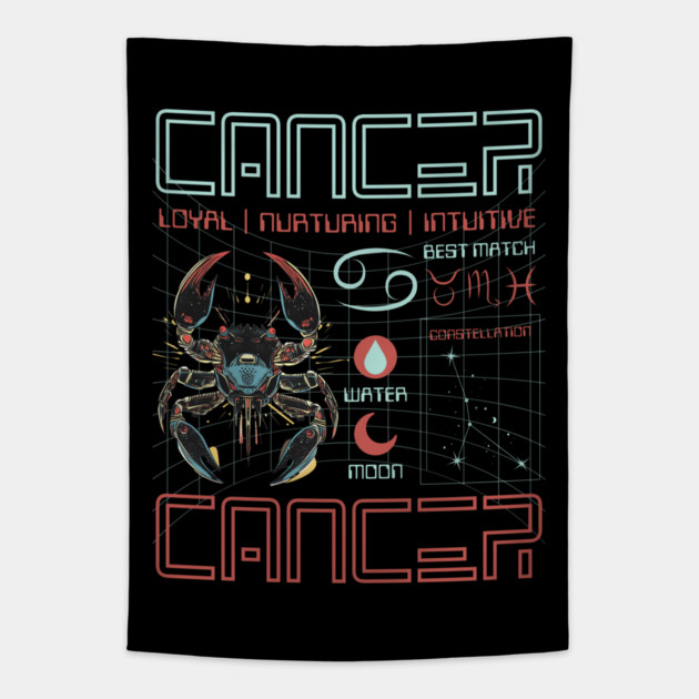 Cancer Zodiac Cyberpunk T-Shirt | Futuristic Astrology Horoscope Design Tapestry by TuncGK