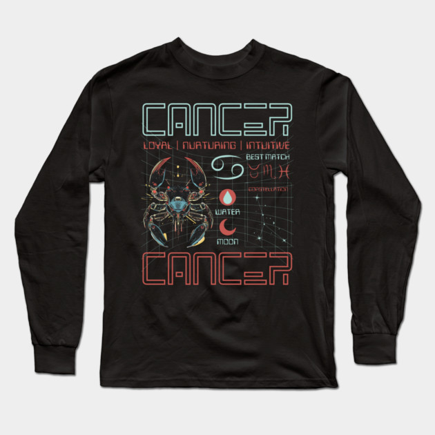 Cancer Zodiac Cyberpunk T-Shirt | Futuristic Astrology Horoscope Design Long Sleeve T-Shirt by TuncGK