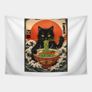 Samurai Ramen Cat – Japanese Wave Art Feline Design Tapestry