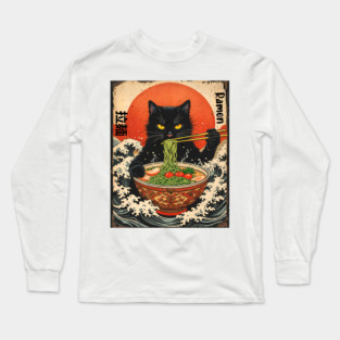 Samurai Ramen Cat – Japanese Wave Art Feline Design Long Sleeve T-Shirt