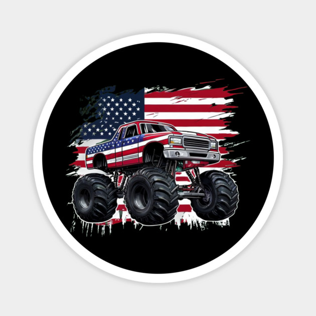 Monster Truck USA Flag American For 4th Of July Magnet by Creatifly Graphic Tees