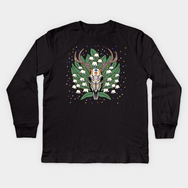 May's Lily of the Valley & Deer Skull Kids Long Sleeve T-Shirt by H. R. Sinclair