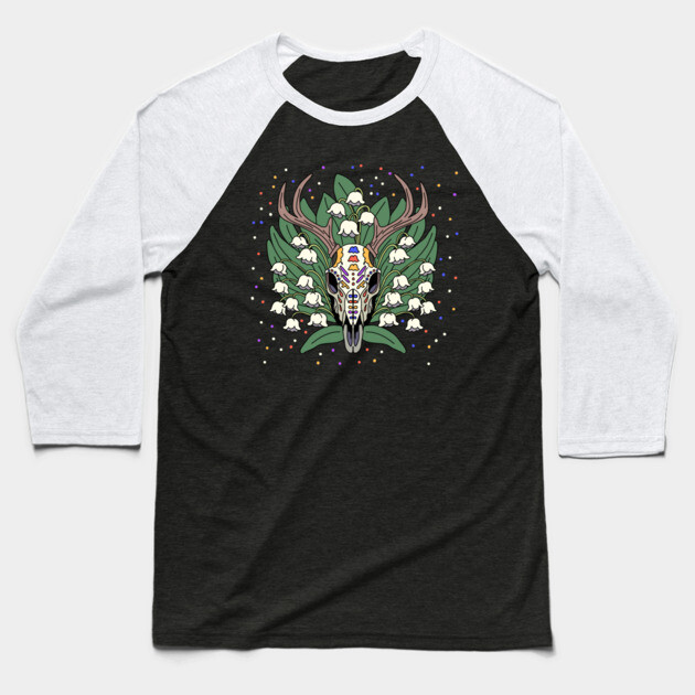 May's Lily of the Valley & Deer Skull Baseball T-Shirt by H. R. Sinclair