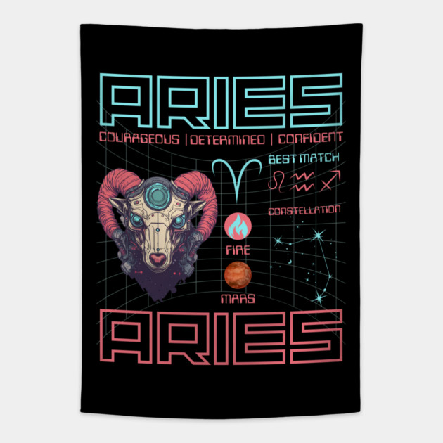 Aries Cyberpunk Zodiac Astrology Design Tapestry by TuncGK