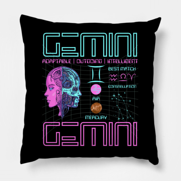 Gemini Neon Cyberpunk Zodiac Design Pillow by TuncGK
