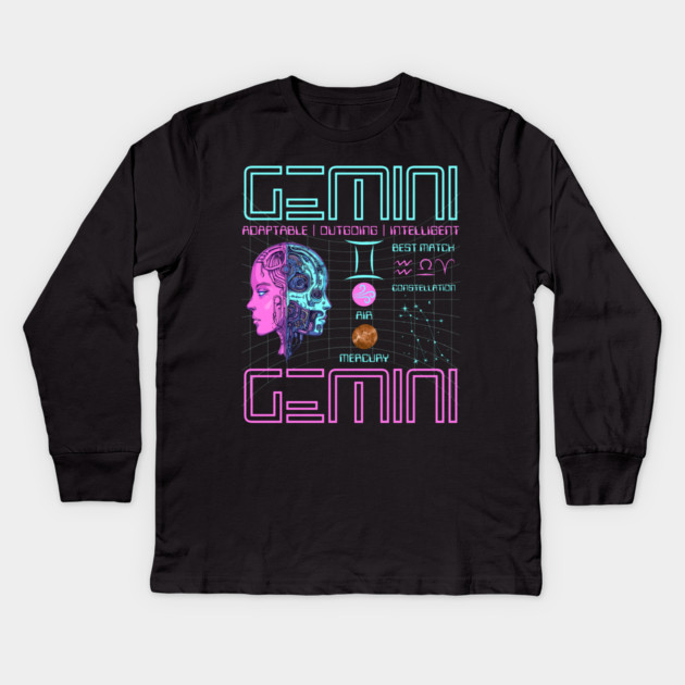 Gemini Neon Cyberpunk Zodiac Design Kids Long Sleeve T-Shirt by TuncGK