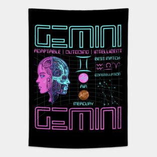 Gemini Neon Cyberpunk Zodiac Design Tapestry