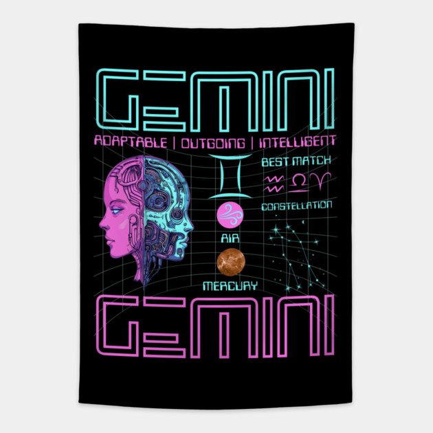 Gemini Neon Cyberpunk Zodiac Design Tapestry by TuncGK
