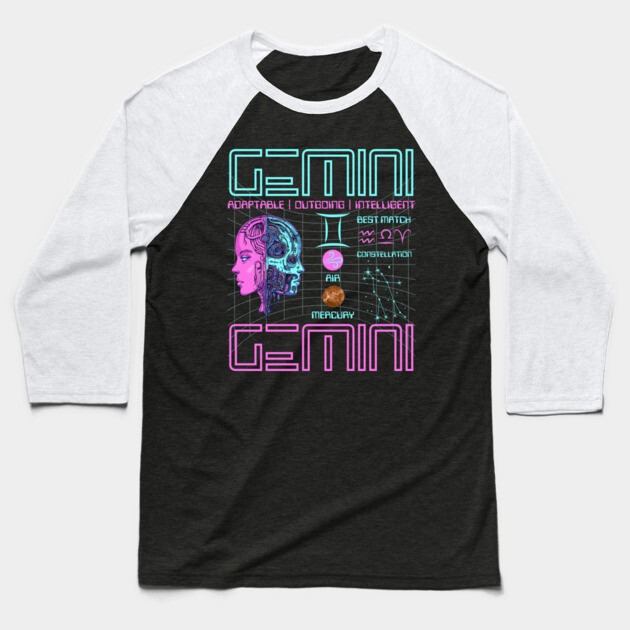 Gemini Neon Cyberpunk Zodiac Design Baseball T-Shirt by TuncGK