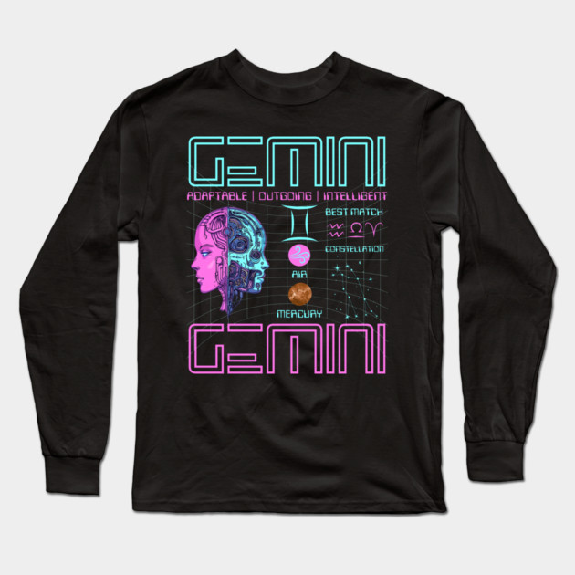 Gemini Neon Cyberpunk Zodiac Design Long Sleeve T-Shirt by TuncGK