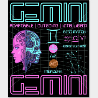 Gemini Neon Cyberpunk Zodiac Design Posters and Art