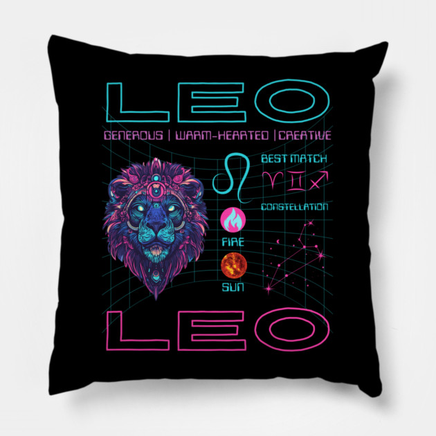 Leo Cyberpunk Zodiac Neon Aesthetic Pillow by TuncGK