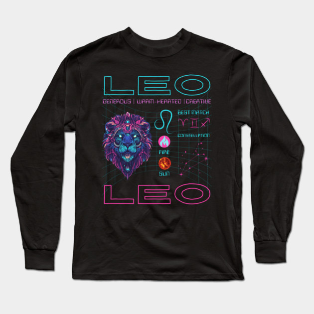 Leo Cyberpunk Zodiac Neon Aesthetic Long Sleeve T-Shirt by TuncGK