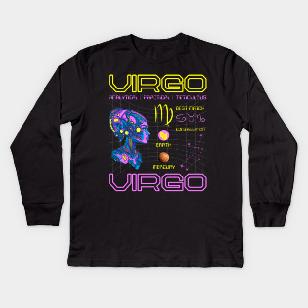 Virgo Futuristic Zodiac Cyberpunk Design Kids Long Sleeve T-Shirt by TuncGK