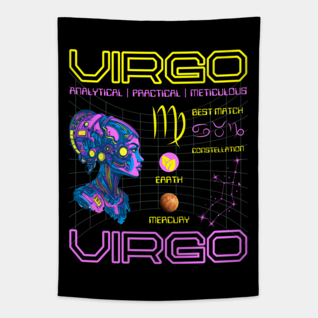 Virgo Futuristic Zodiac Cyberpunk Design Tapestry by TuncGK