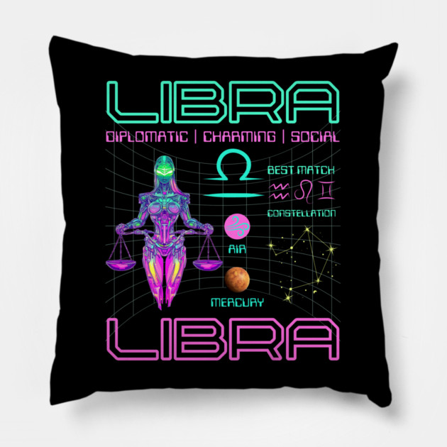 Libra Neon Cyberpunk Zodiac Art Pillow by TuncGK