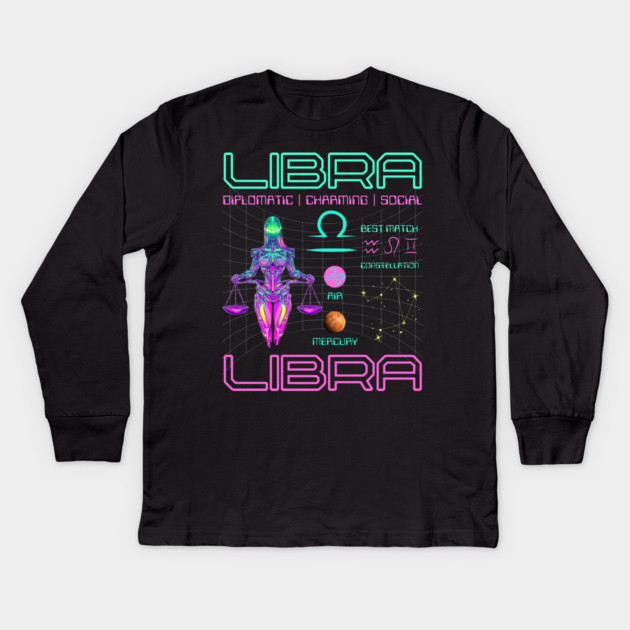 Libra Neon Cyberpunk Zodiac Art Kids Long Sleeve T-Shirt by TuncGK