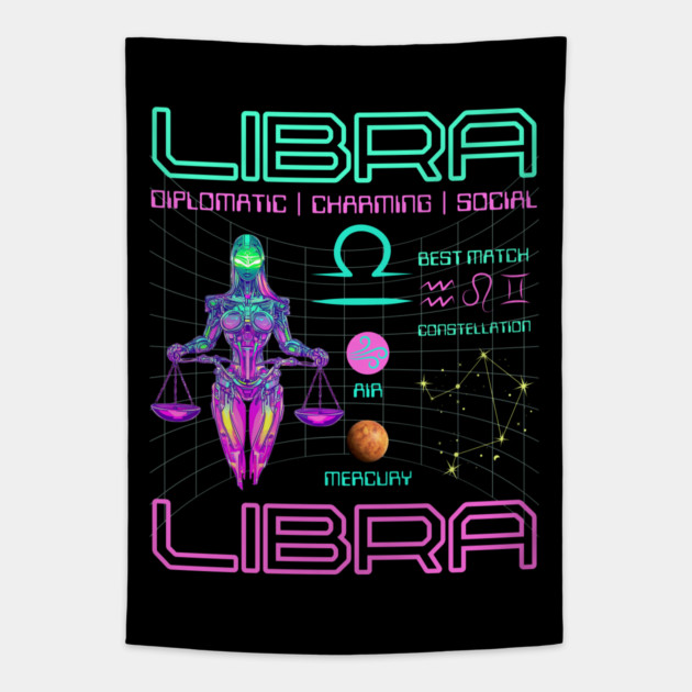 Libra Neon Cyberpunk Zodiac Art Tapestry by TuncGK