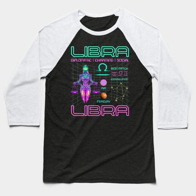 Libra Neon Cyberpunk Zodiac Art Baseball T-Shirt by TuncGK