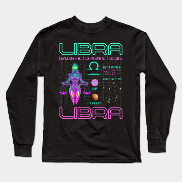Libra Neon Cyberpunk Zodiac Art Long Sleeve T-Shirt by TuncGK