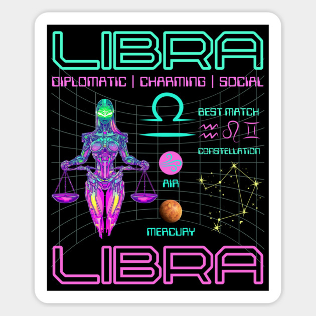 Libra Neon Cyberpunk Zodiac Art Magnet by TuncGK