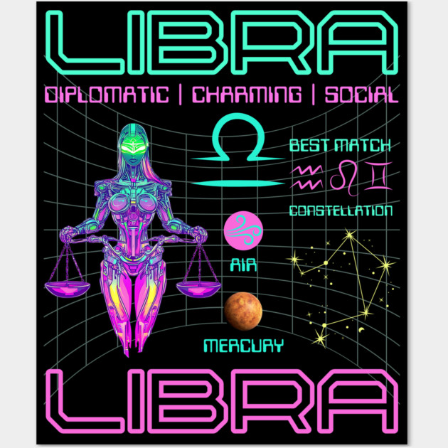 Libra Neon Cyberpunk Zodiac Art Wall Art by TuncGK