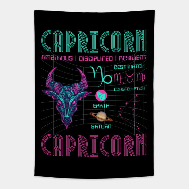 Capricorn Cyberpunk Zodiac Astrology Design Tapestry by TuncGK