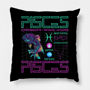 Pisces Cyberpunk Zodiac Neon Artwork Pillow