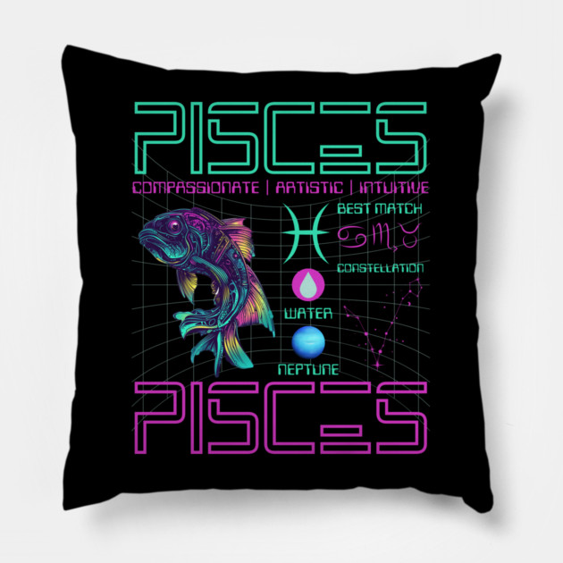 Pisces Cyberpunk Zodiac Neon Artwork Pillow by TuncGK