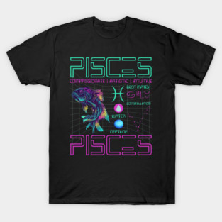 Pisces Cyberpunk Zodiac Neon Artwork T-Shirt