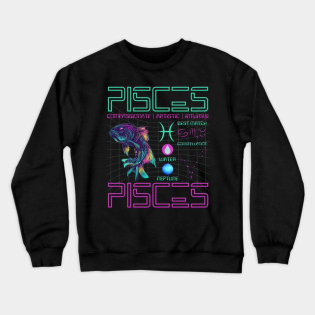 Pisces Cyberpunk Zodiac Neon Artwork Crewneck Sweatshirt by TuncGK