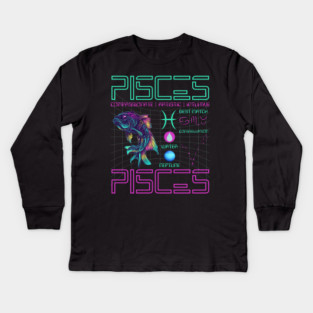 Pisces Cyberpunk Zodiac Neon Artwork Kids Long Sleeve T-Shirt