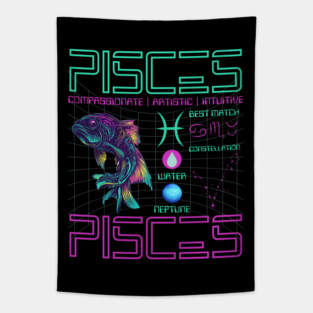 Pisces Cyberpunk Zodiac Neon Artwork Tapestry