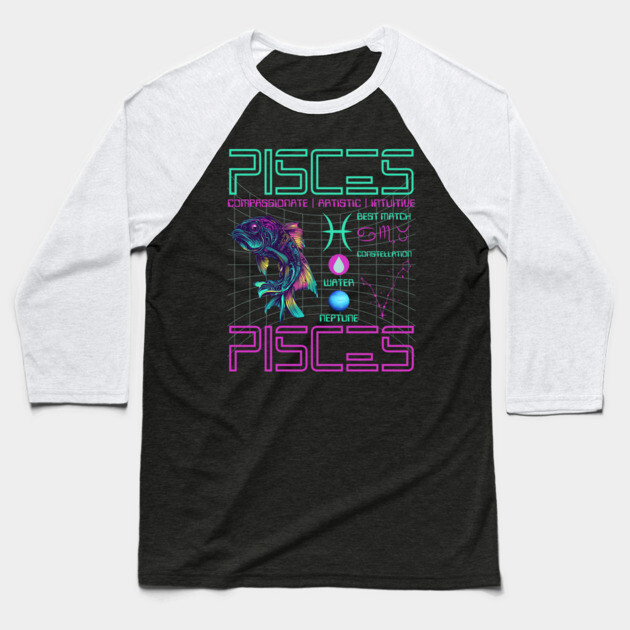 Pisces Cyberpunk Zodiac Neon Artwork Baseball T-Shirt by TuncGK