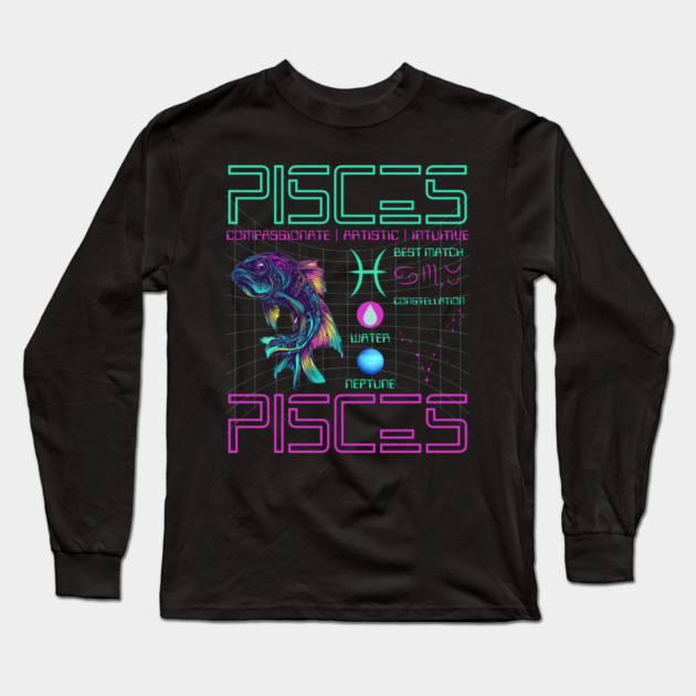 Pisces Cyberpunk Zodiac Neon Artwork Long Sleeve T-Shirt by TuncGK