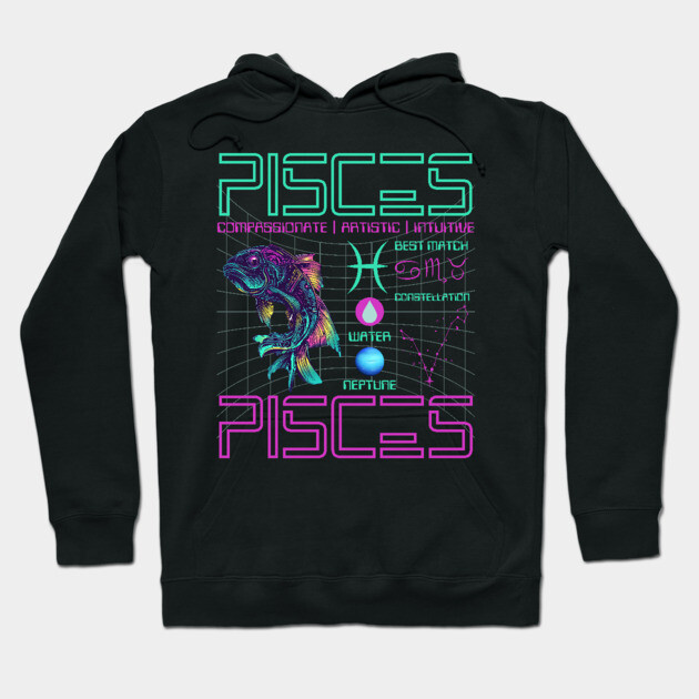 Pisces Cyberpunk Zodiac Neon Artwork Hoodie by TuncGK