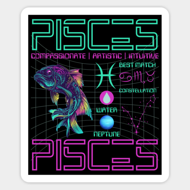 Pisces Cyberpunk Zodiac Neon Artwork Magnet by TuncGK