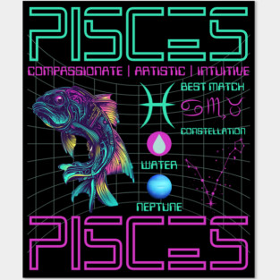 Pisces Cyberpunk Zodiac Neon Artwork Posters and Art