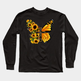 Faith Cross Sunflower Butterfly Christian Vintage Long Sleeve T-Shirt