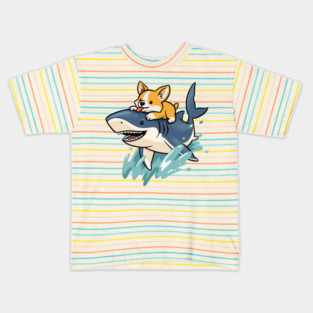 Corgi riding Shark Kids T-Shirt