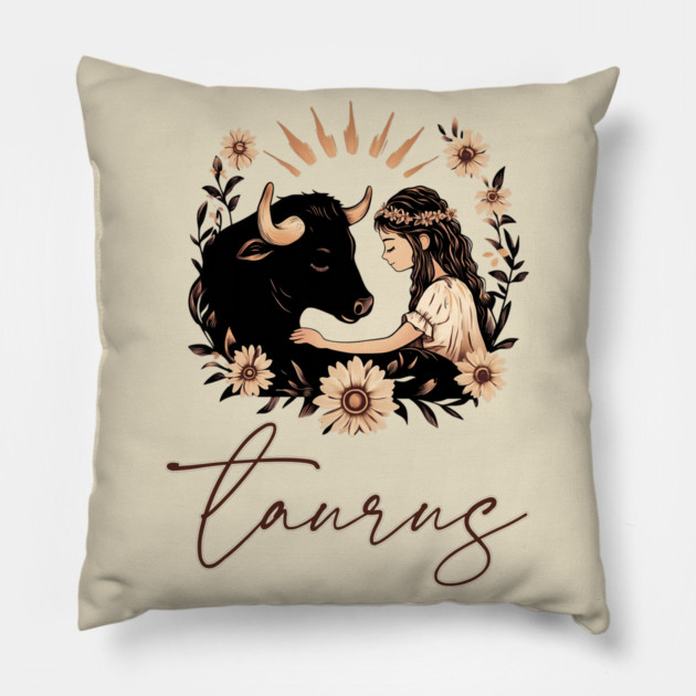 ♉ Grounded & Elegant | Boho Taurus Zodiac Art Pillow by TuncGK