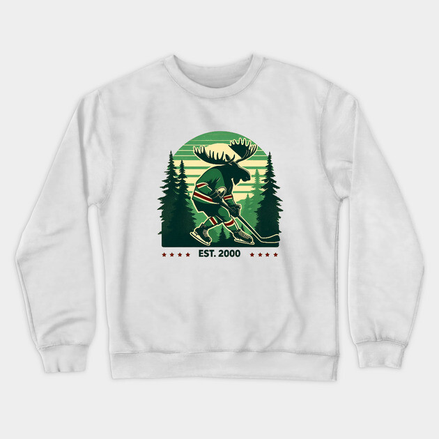 Retro Forest Moose Hockey Design – Est. 2000 Crewneck Sweatshirt by Ben's Store 1