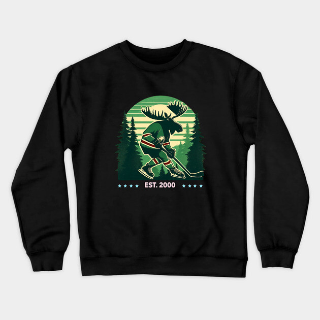 Retro Forest Moose Hockey Design – Est. 2000 Crewneck Sweatshirt by Ben's Store 1