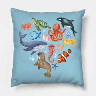 Ocean Wildlife Heart Illustration - Watercolor Mosaic Pillow