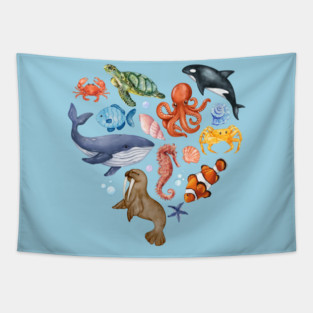 Ocean Wildlife Heart Illustration - Watercolor Mosaic Tapestry