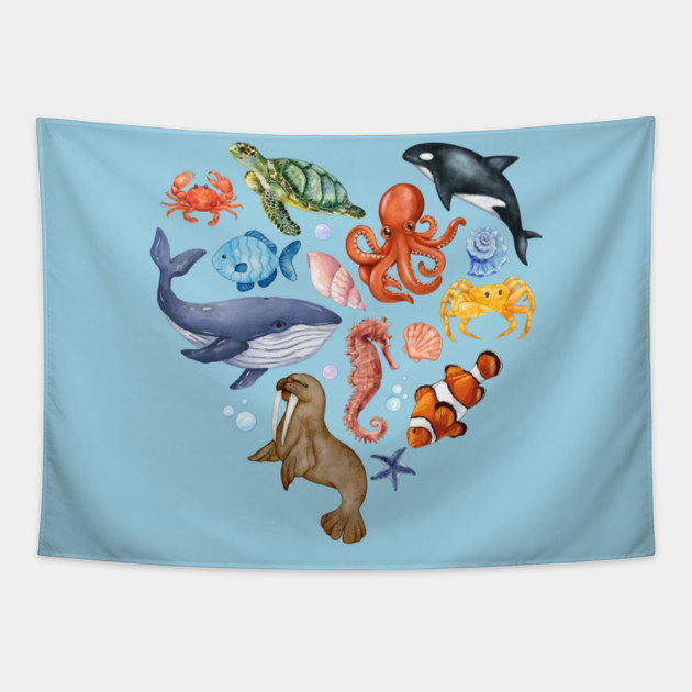 Ocean Wildlife Heart Illustration - Watercolor Mosaic Tapestry by TuncGK