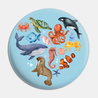 Ocean Wildlife Heart Illustration - Watercolor Mosaic Pin