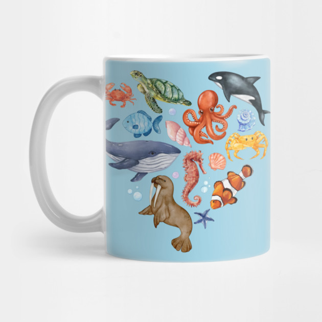 Ocean Wildlife Heart Illustration - Watercolor Mosaic by TuncGK